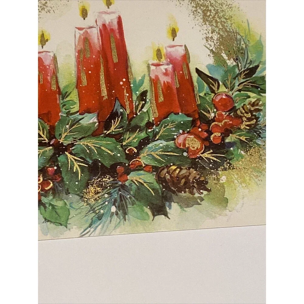 Vintage WHITNEY Christmas Card Holiday Candle W Holly Berry Pinecone